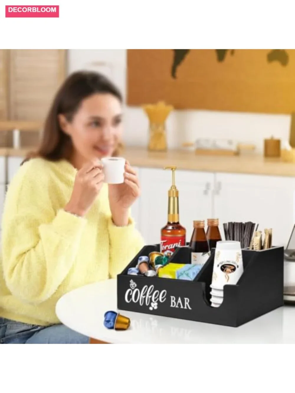 Rustic Wood Coffee Station Organizer, 6 Compartment Counter Storage Basket